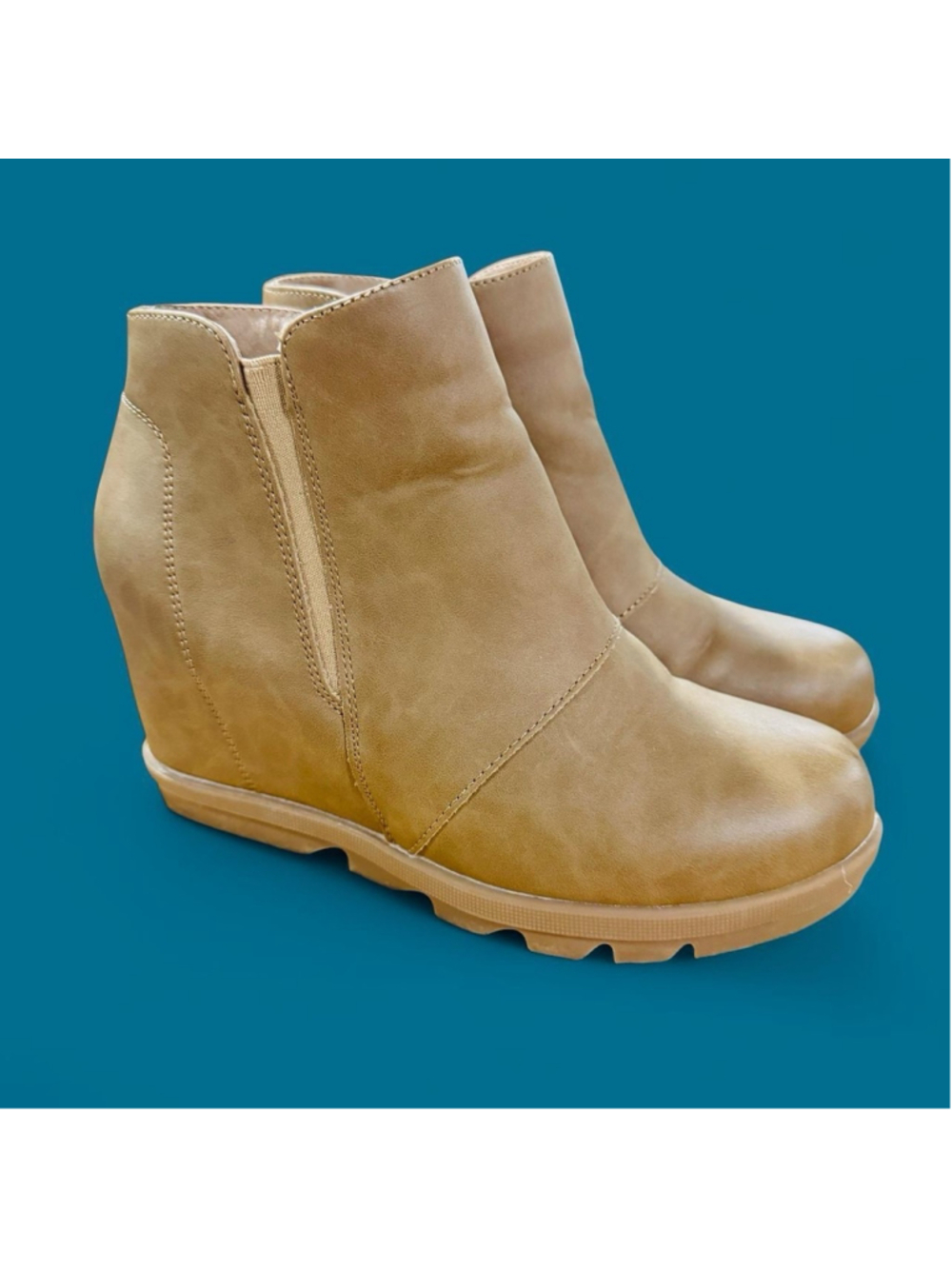 Athlefit Tan Wedge Ankle Boots Women’s 6.5 Hidden Wedge Side Zip Comfort Booties